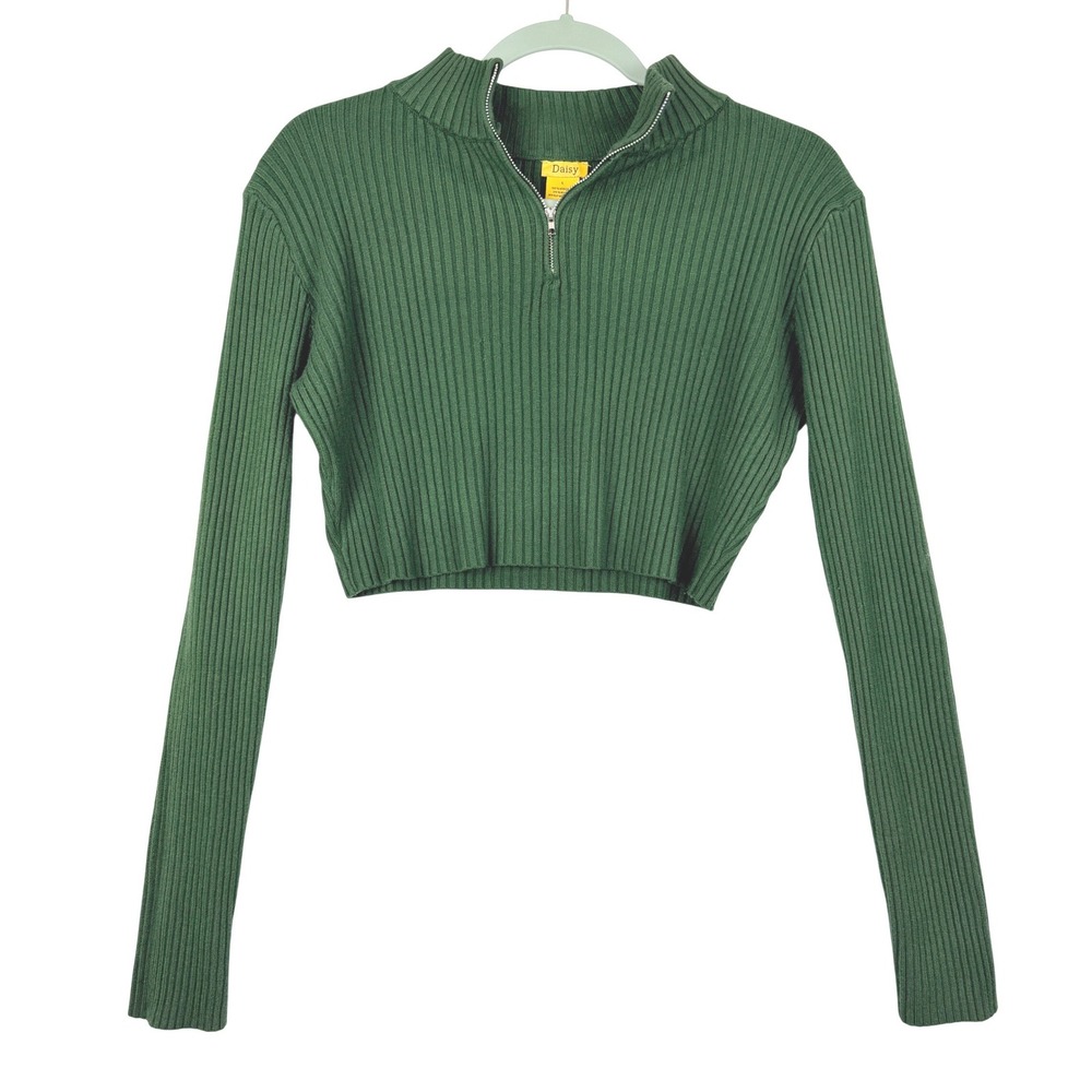 Daisy L Green Ribbed Quarter Zip Mock Neck Cropped Women Sweater Streetwear